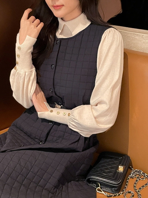 襟付きモックネック ボタンカフスニットトップス(5color)