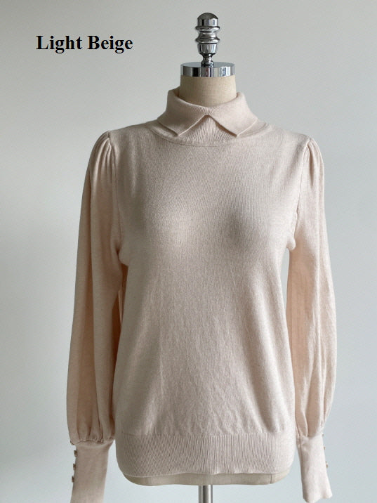 襟付きモックネック ボタンカフスニットトップス(5color)