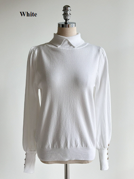 襟付きモックネック ボタンカフスニットトップス(5color)