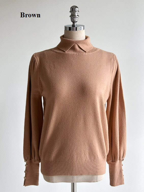 襟付きモックネック ボタンカフスニットトップス(5color)
