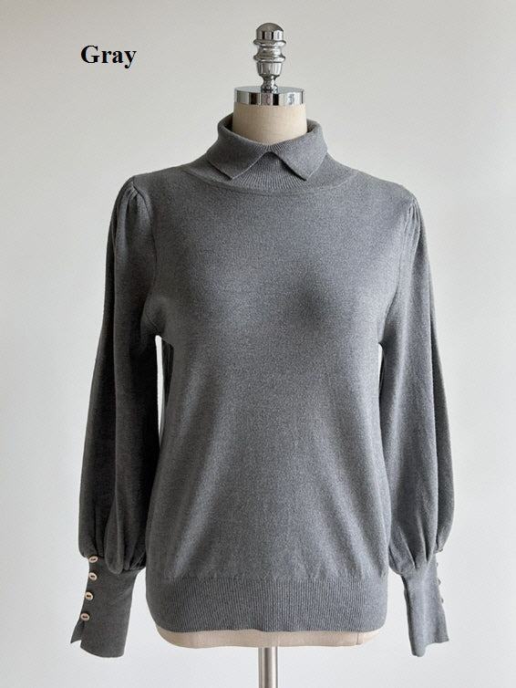 襟付きモックネック ボタンカフスニットトップス(5color)