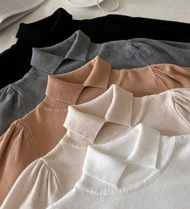 襟付きモックネック ボタンカフスニットトップス(5color)