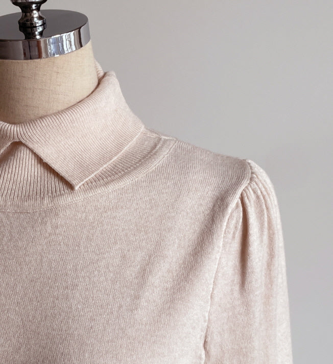 襟付きモックネック ボタンカフスニットトップス(5color)