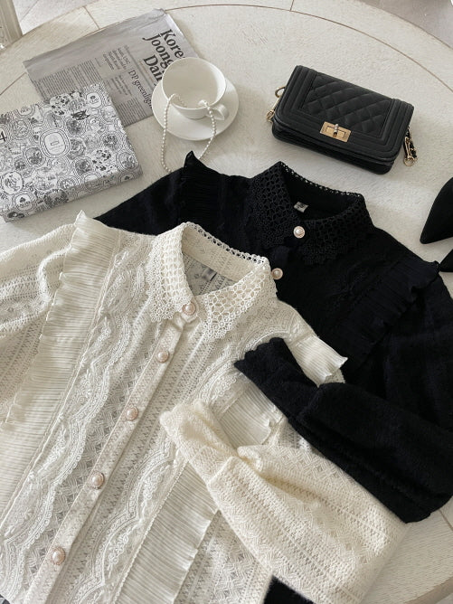 パールボタン レースフリルブラウス(2color)