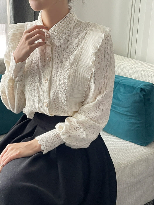 パールボタン レースフリルブラウス(2color)