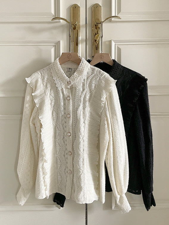 パールボタン レースフリルブラウス(2color)