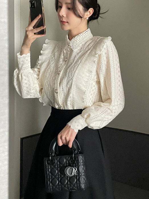 パールボタン レースフリルブラウス(2color)