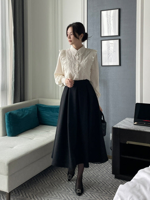 パールボタン レースフリルブラウス(2color)