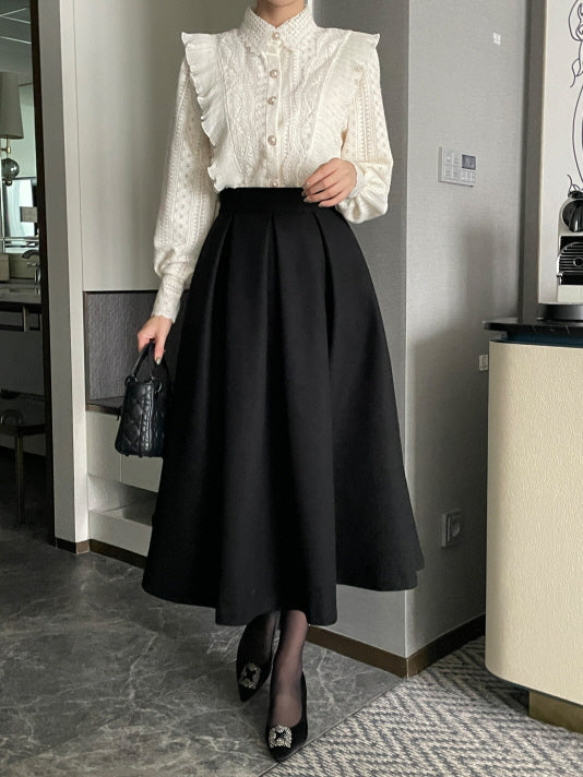 パールボタン レースフリルブラウス(2color)