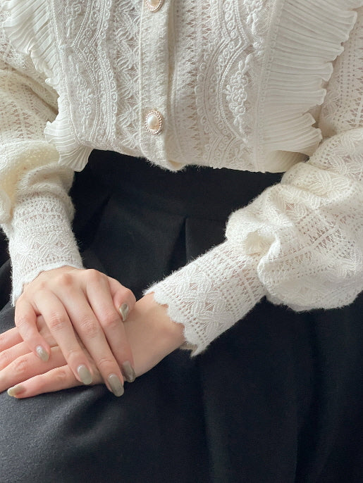 パールボタン レースフリルブラウス(2color)