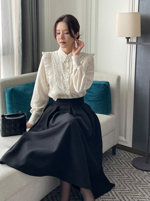 パールボタン レースフリルブラウス(2color)