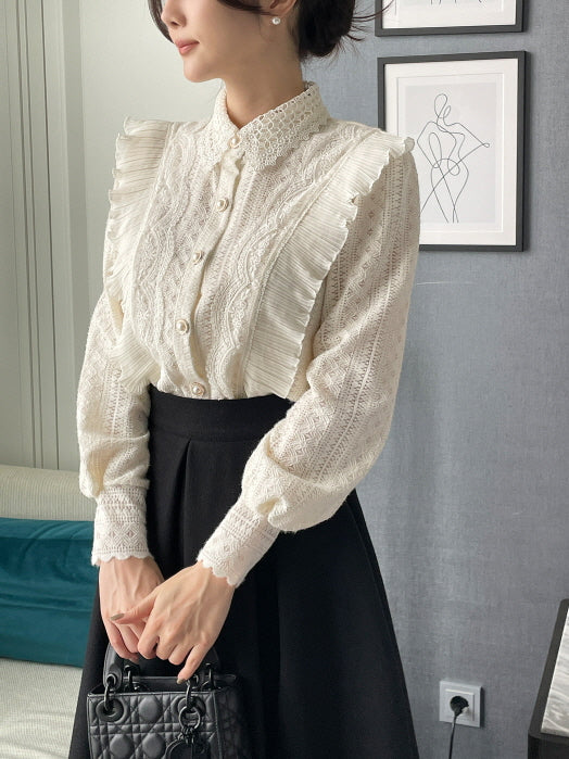 パールボタン レースフリルブラウス(2color)