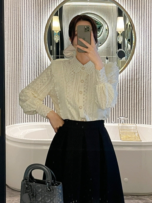 パールボタン レースフリルブラウス(2color)