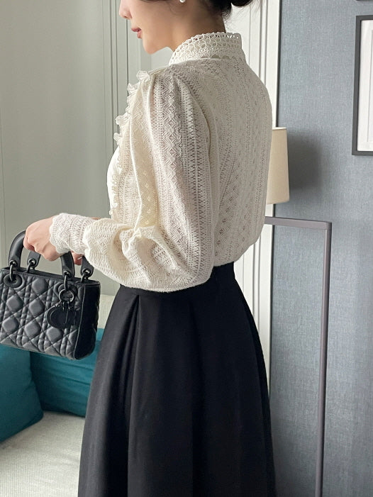 パールボタン レースフリルブラウス(2color)