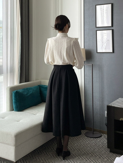 パールボタン レースフリルブラウス(2color)