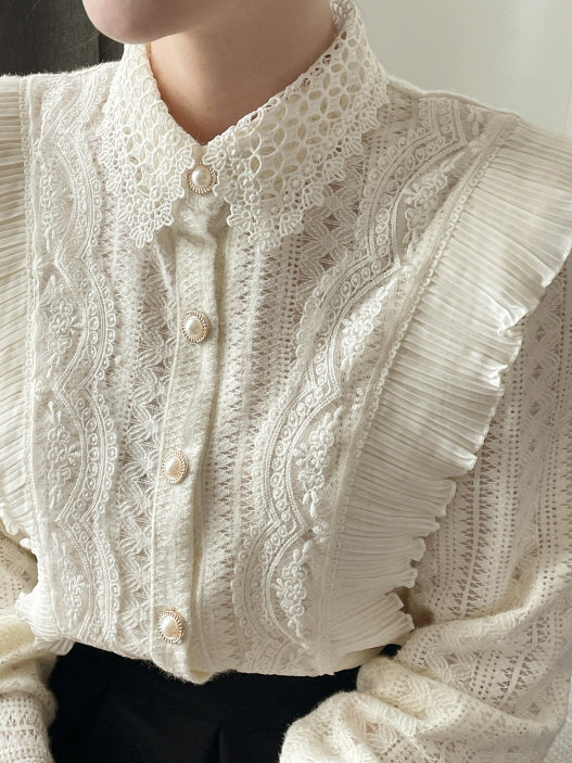 パールボタン レースフリルブラウス(2color)