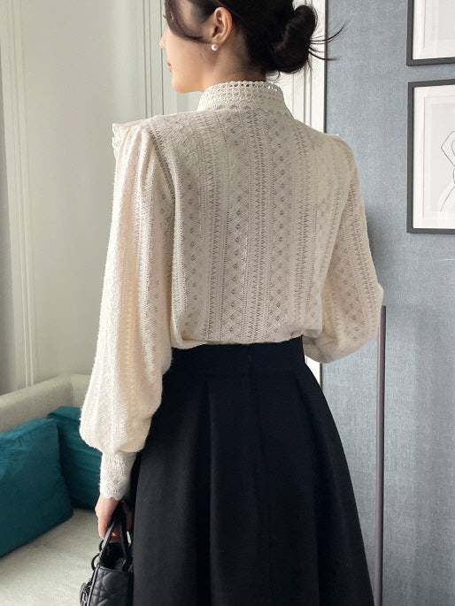 パールボタン レースフリルブラウス(2color)