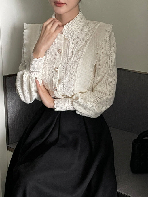 パールボタン レースフリルブラウス(2color)