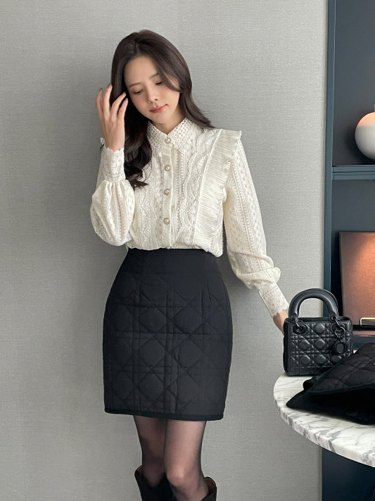 パールボタン レースフリルブラウス(2color)