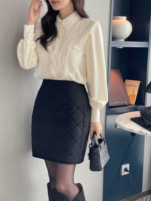 パールボタン レースフリルブラウス(2color)