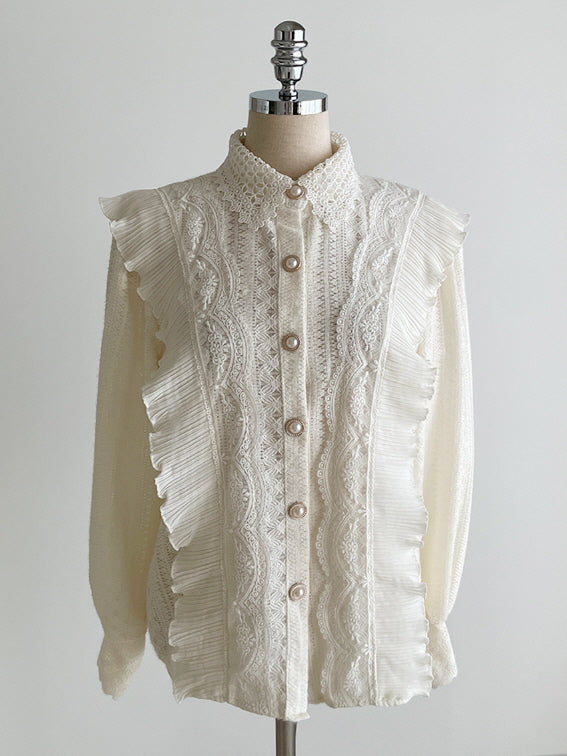 パールボタン レースフリルブラウス(2color)