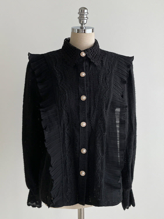 パールボタン レースフリルブラウス(2color)