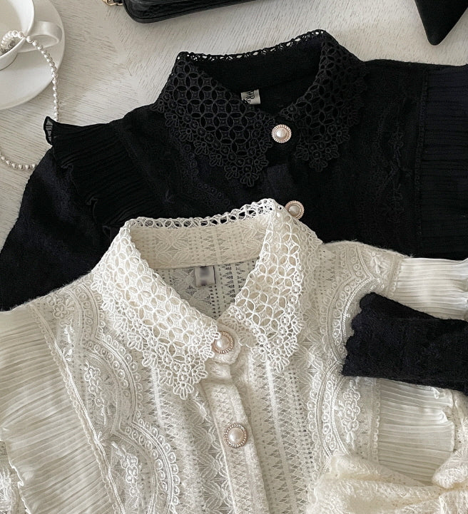 パールボタン レースフリルブラウス(2color)