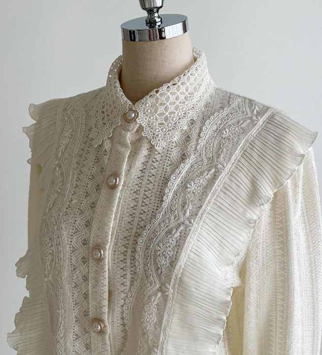 パールボタン レースフリルブラウス(2color)