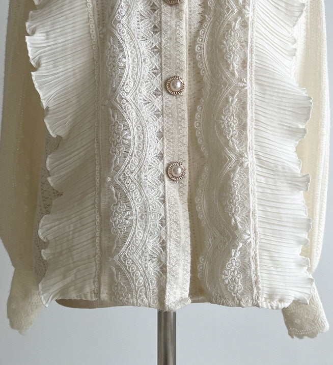 パールボタン レースフリルブラウス(2color)