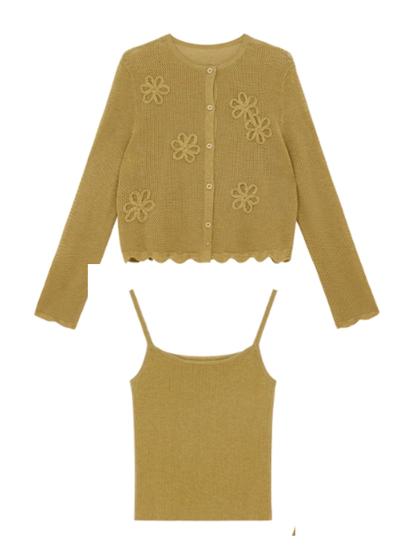 フラワー刺繍ニットカーディガン＆キャミソールセット(2color)